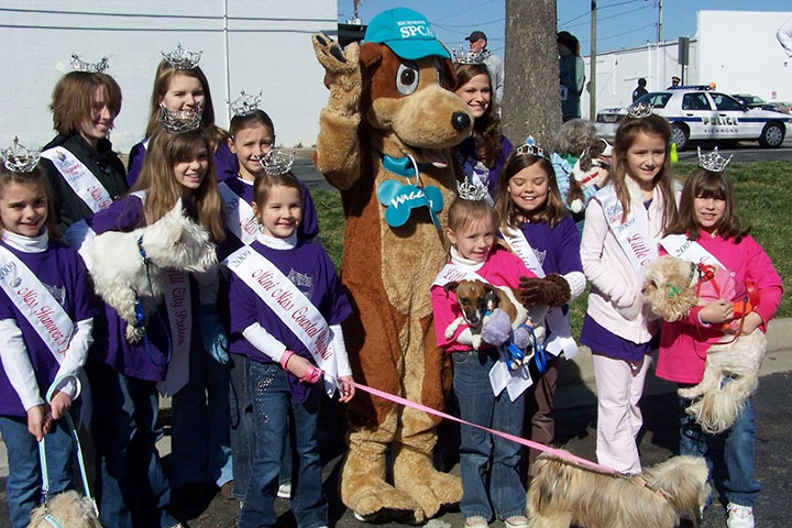 Emily Kinsey and the Princesses for Pets team with Waggles at the Dog Jog