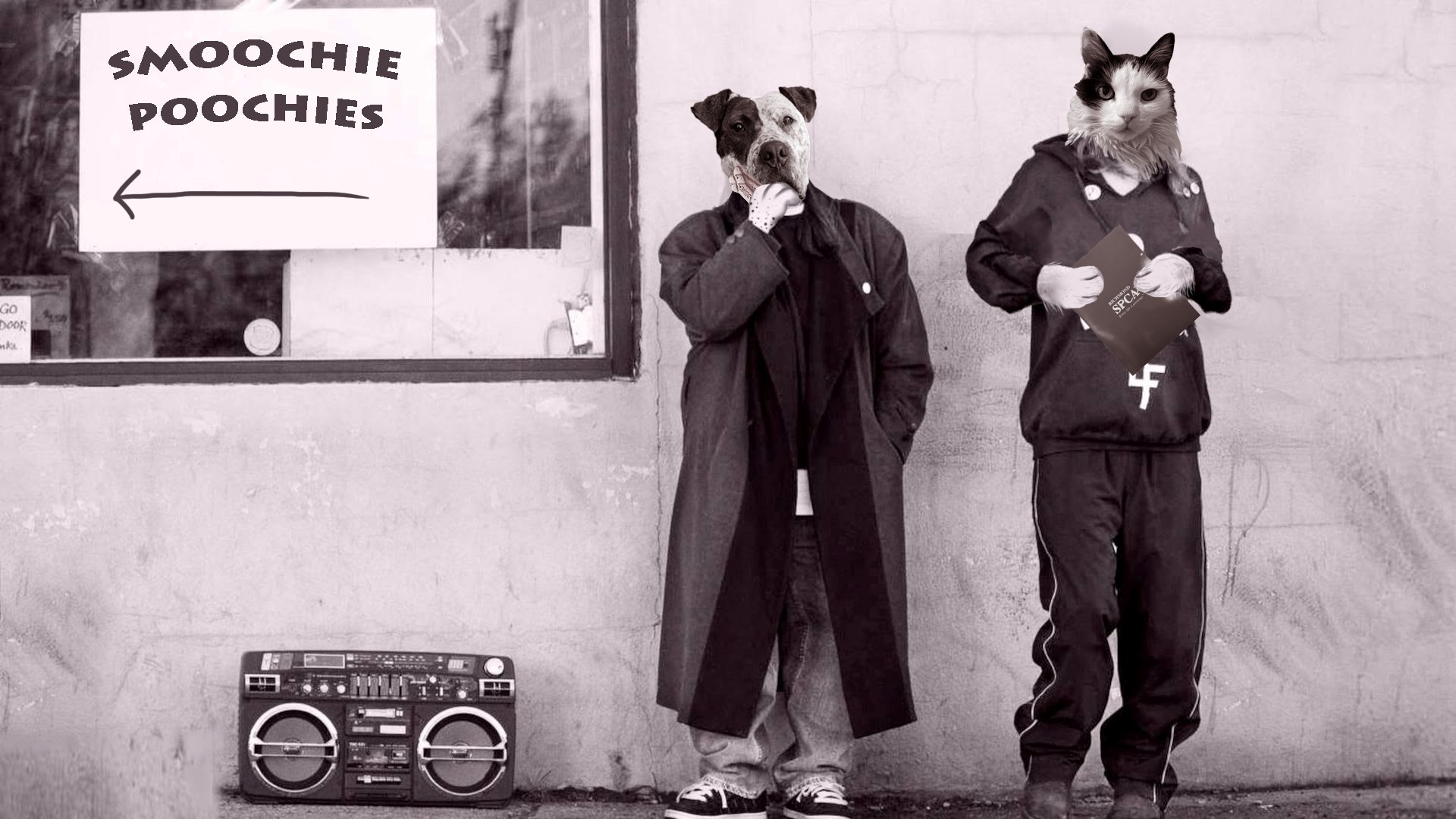 Black and white illustration taken from a scene in the 1994 film "Clerks." Sign hanging in the Quick Stop window says "Smoochie Poochies." Silent Bob has the head of a black and white, floppy-eared dog and is holding a dog biscuit. Jay has the head of a black and white long-haired cat and is holding a Richmond SPCA adoption folder.