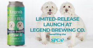 Graphic with beer can design on left. Can features two dogs, Ollie and Bea, on an ombre lime green and teal background. On right, a larger photo of the two large, white fluffy dogs is overlaid with teal block text: "Limited-release launch at Legend Brewing Co." Beneath the text is the Richmond SPCA's logo.