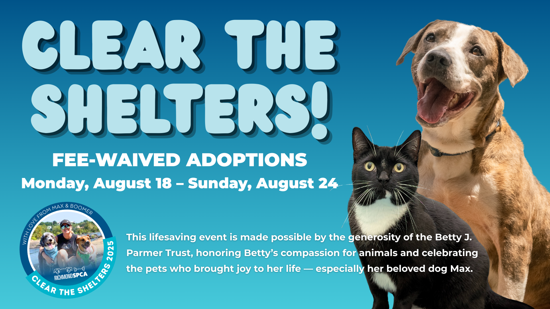 Clear the Shelters banner with a grey and white dog and a tuxedo cat on a blue gradient background