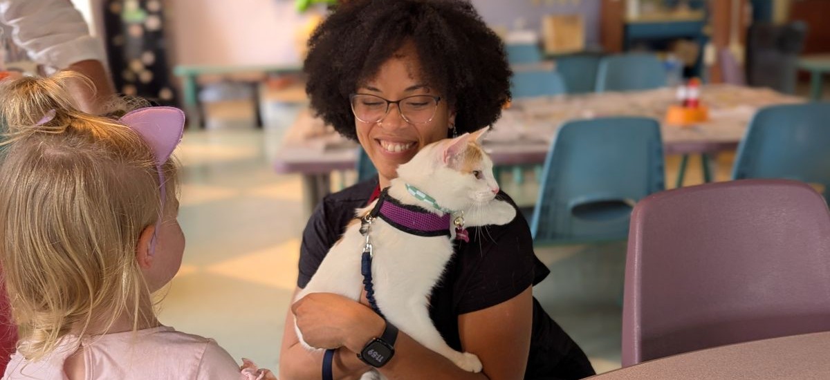 woman holding white and orange cat for toddler to pet