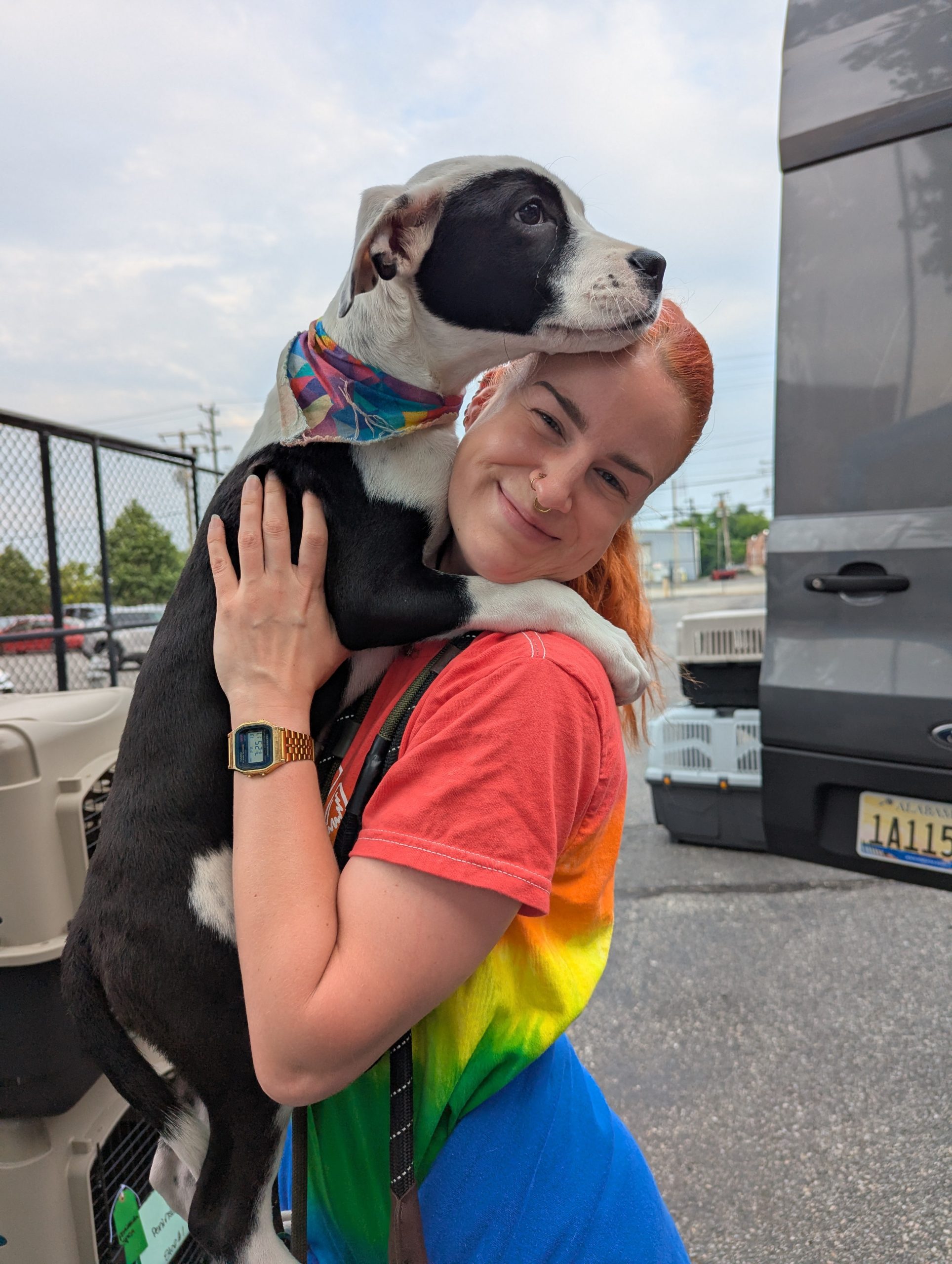 A person holds a large puppy. His front legs hug her shoulders and his head is above hers, peering at activity out of frame. 
